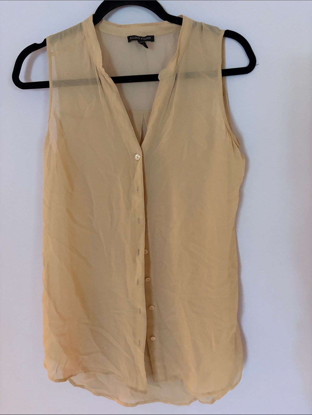 Eileen Fisher 100% Silk Sheer Sleeveless Button-Front Blouse in Pale Pink -Sz XS